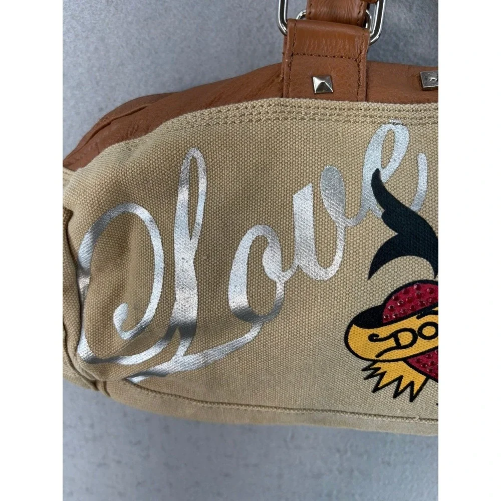 Ed Hardy Satchel Bag Tan Tattoo Graphic Rhinestone Love Eternal Y2K Retro